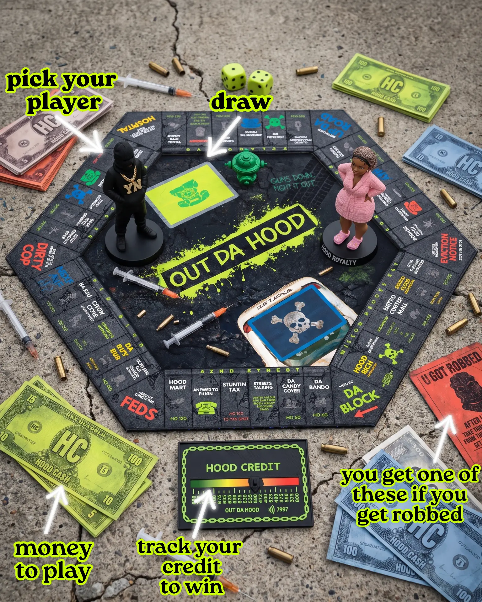 Annotated Out Da Hood board showing how to pick your player, roll, draw cards, track credit, and get robbed