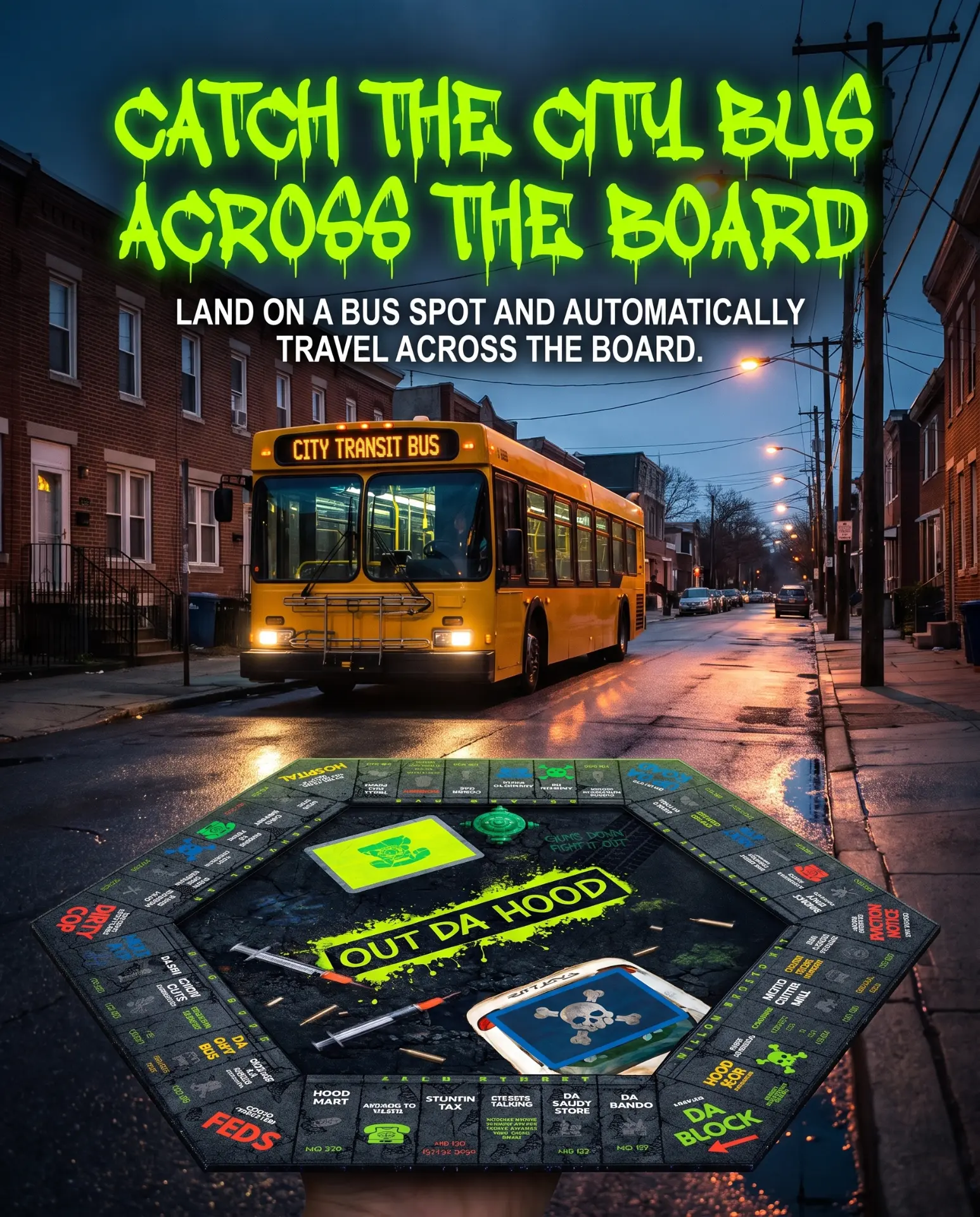 Catch the city bus across the Out Da Hood game board
