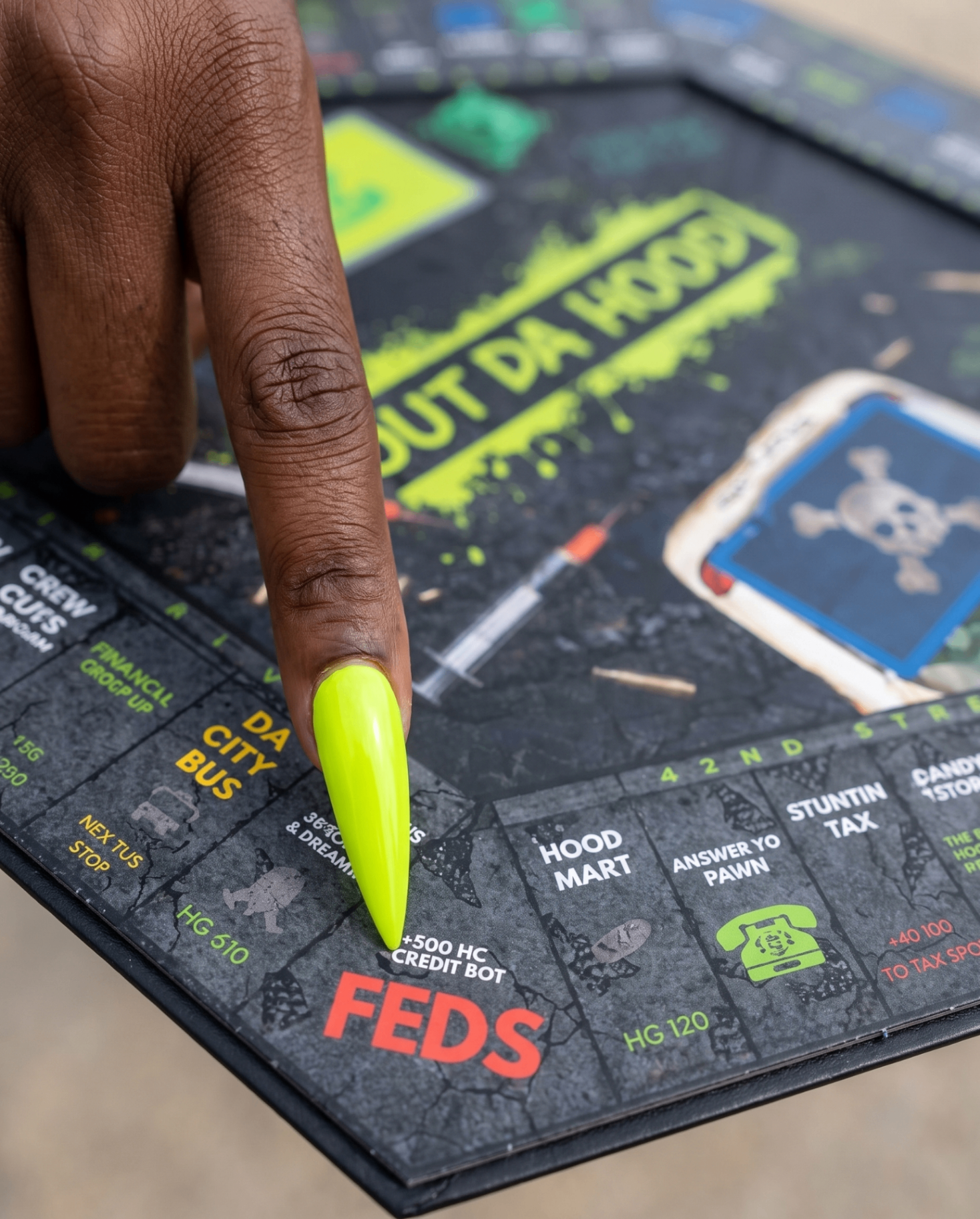 Close up of the Out Da Hood game board