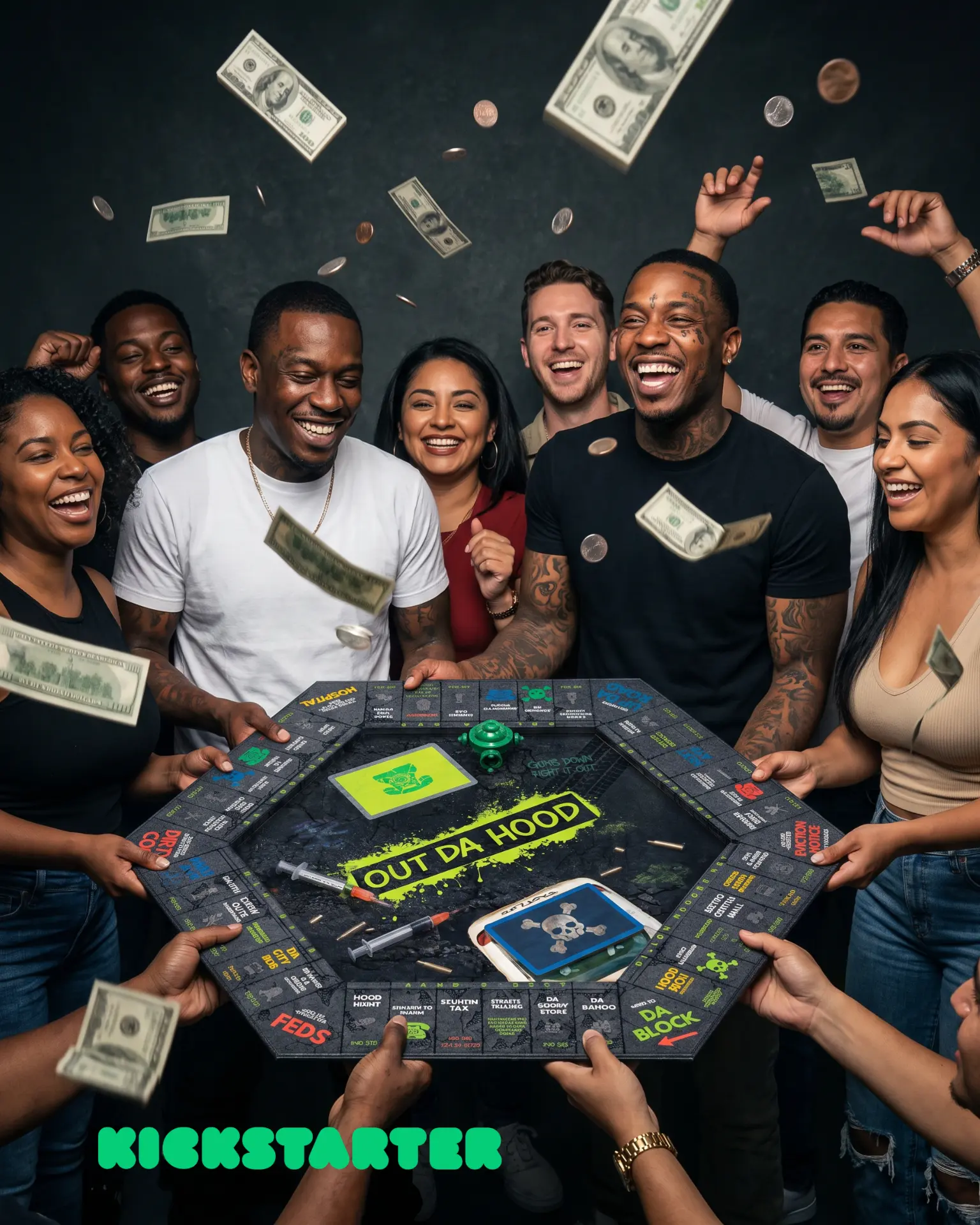 Group of people holding up the Out Da Hood board game with money falling around them