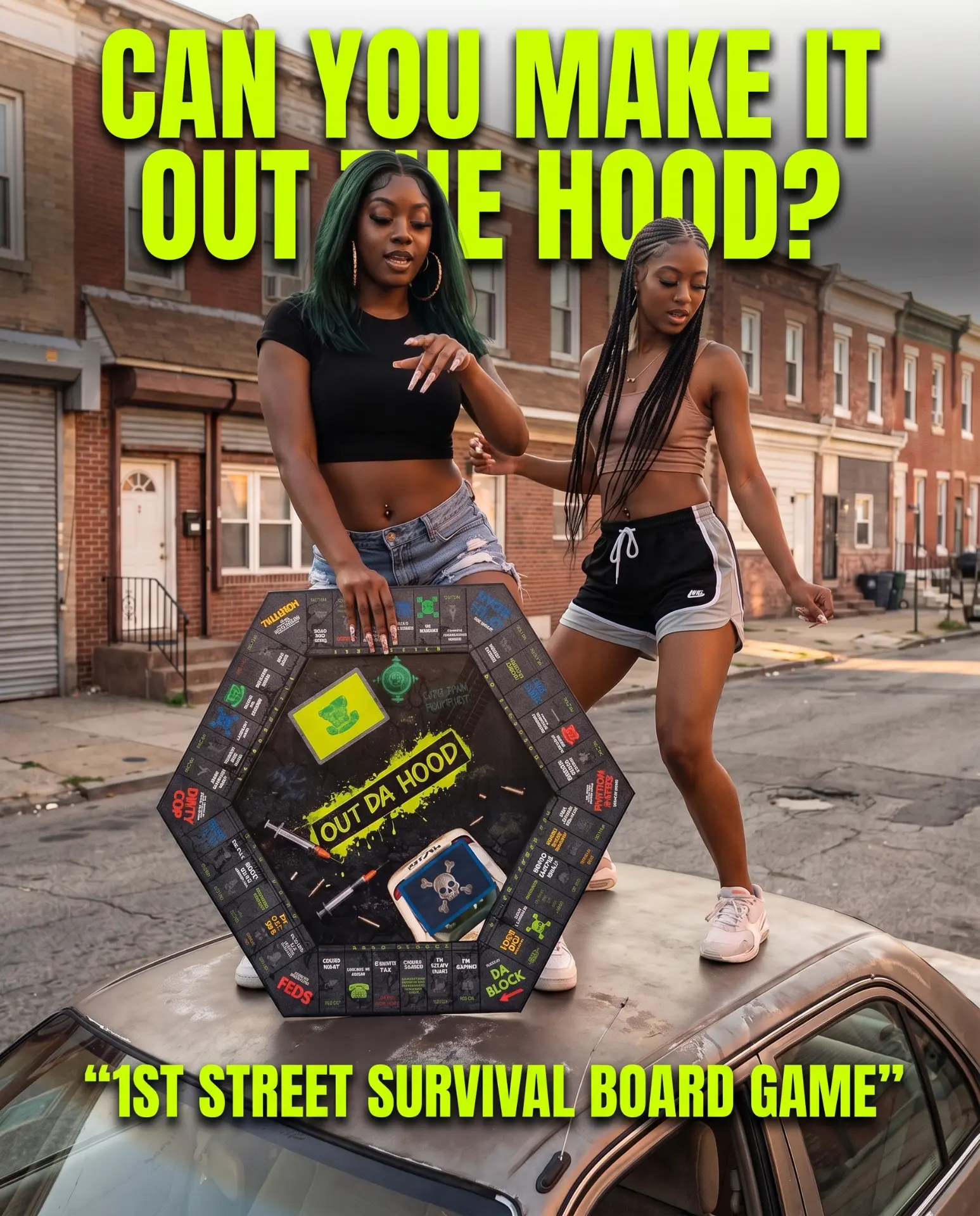 Can you make it out the hood? First street survival board game promotional image